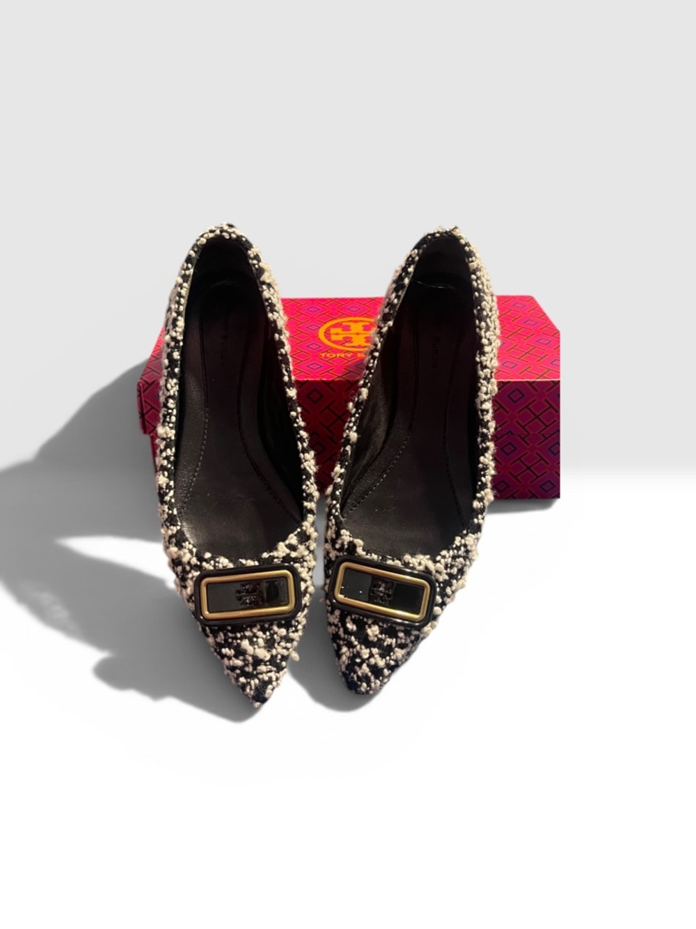 Tory Burch Black & White Tweed Pointed-Toe Flats with Gold Buckle